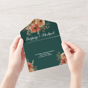 Romantische Dunkelgrün Gold Blumen Hochzeit All In One Einladung