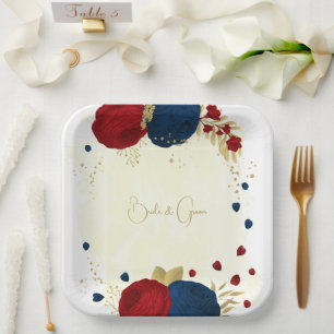 Romantische dunkelrote und marineblaue Blumen Gold Pappteller