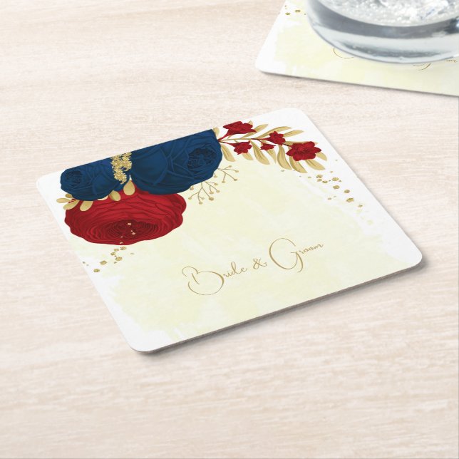 Romantische dunkelrote und marineblaue Blumen Gold Rechteckiger Pappuntersetzer (angewinkelt)