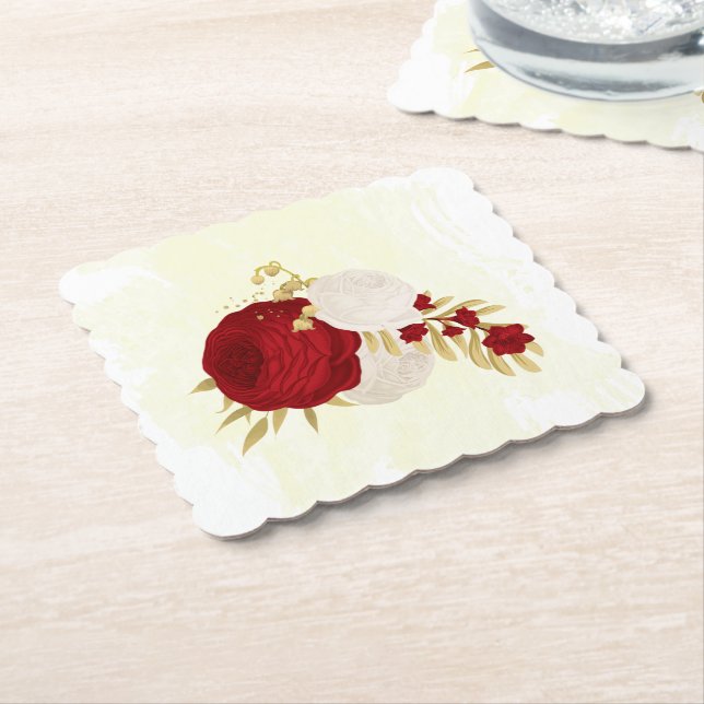 Romantische dunkelrote und weiße Blume Goldhochzei Untersetzer (angewinkelt)