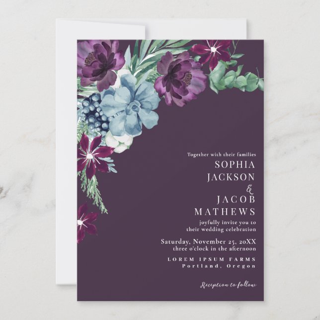 Romantische Dunkle Moody Lila Blumenhochzeit Einladung (Vorderseite)