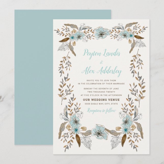 Romantische Dusty Blue Brown Boho Blume Hochzeit Einladung (Vorne/Hinten)
