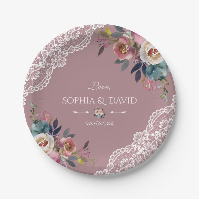 Romantische Dusty Blue Dusty Rose Blume Hochzeit Pappteller (Vorderseite)