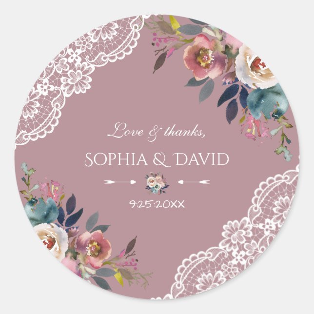 Romantische Dusty Blue Dusty Rose Blume Hochzeit Runder Aufkleber (Vorderseite)