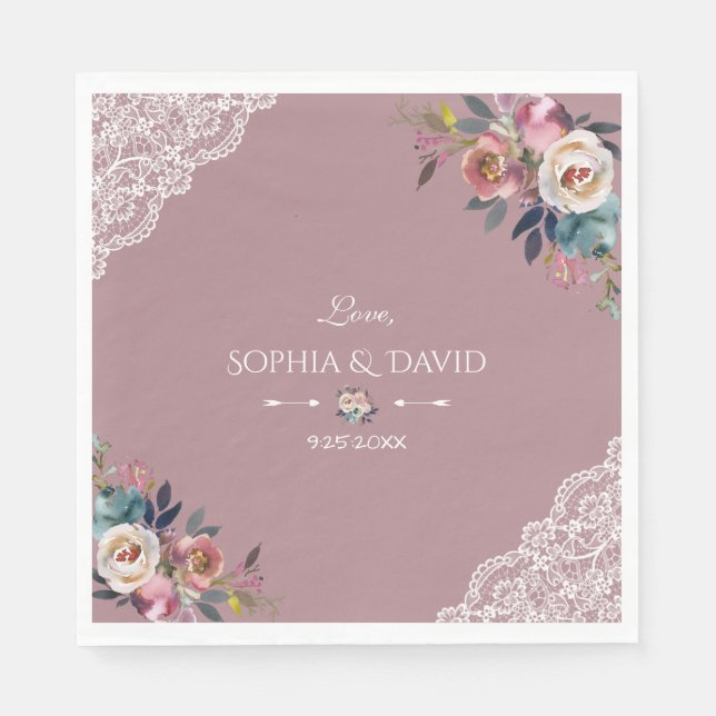 Romantische Dusty Blue Dusty Rose Blume Hochzeit Serviette (Vorderseite)
