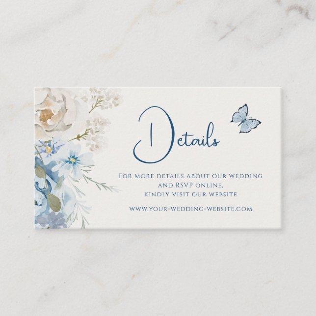 Romantische Dusty Blue Floral Details Hochzeit Visitenkarte (Vorderseite)