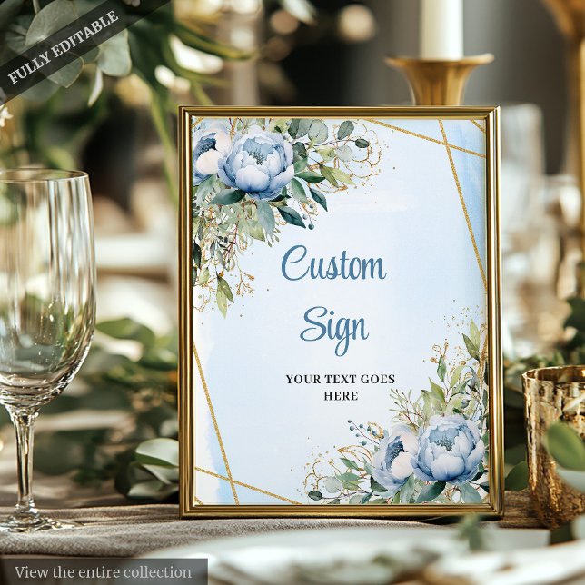 Romantische Dusty Blue Floral Gold Rahmen Hochzeit Poster (Romantic Dusty Blue Floral Gold Frame Wedding Sign)