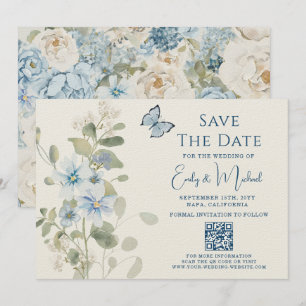 Romantische Dusty Blue Floral QR Code Hochzeit Save The Date