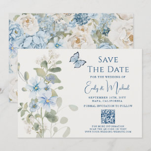 Romantische Dusty Blue Floral QR Code Hochzeit Save The Date