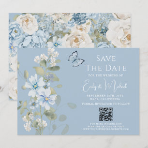 Romantische Dusty Blue Floral QR Code Hochzeit Save The Date