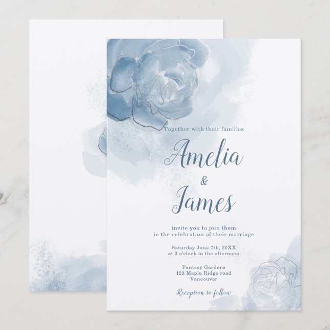 Romantische Dusty Blue Watercolor Floral Einladung (Vorne/Hinten)
