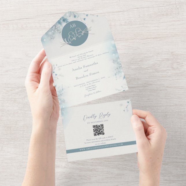 Romantische Dusty Blue Winter Wedding All In One Einladung (Abreißen)