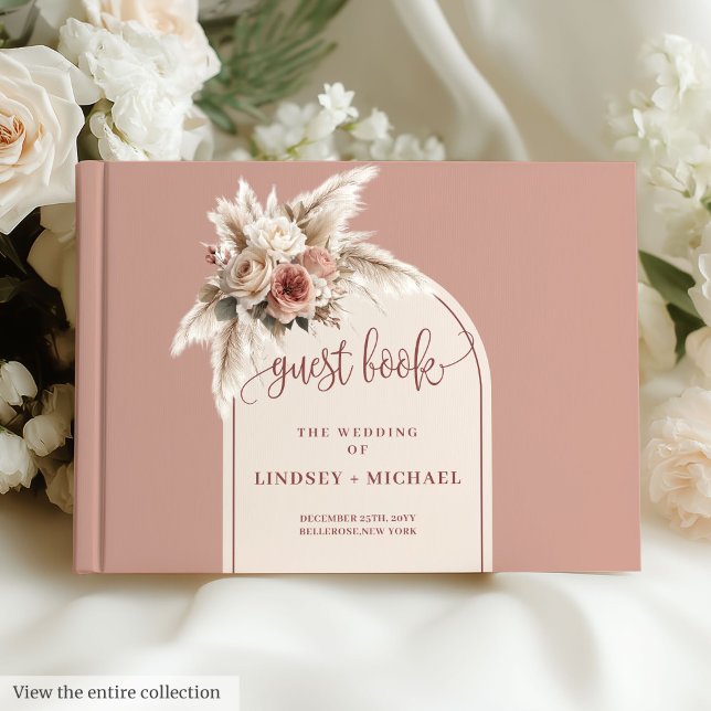 Romantische Dusty Pink Roses Pampas Floral Boho Ar Gästebuch (Romantic Dusty Pink Pampas Floral Boho Arch Wedding Book)