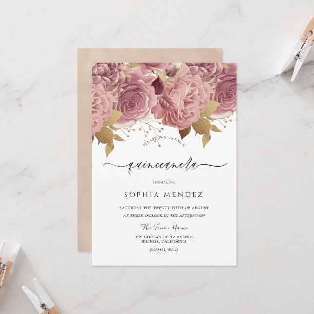 Romantische Dusty-Rose Blush Quinceanera Party Einladung (Vorderseite/Rückseite Beispiel)