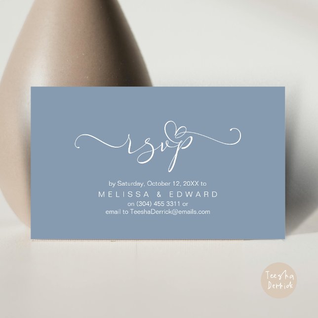 Romantische Einladungskarte für das RSVP-Abendesse (Romantic Wedding RSVP Dinner Invitation Card, Modern Online Phone Email Website Reminder Dusty Blue)