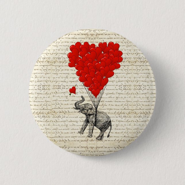 Romantische Elefant- u. Herzballone Button (Vorderseite)