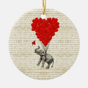 Romantische Elefant- u. Herzballone Keramikornament