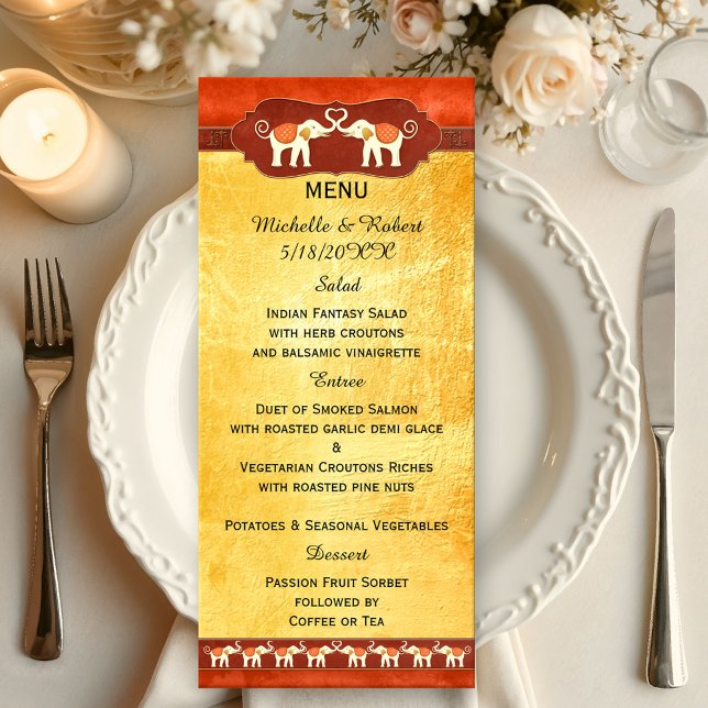 Romantische Elefanten Hochzeitsmenü Menükarte (Wedding menu featuring two ivory colored elephants in love with their tribes cheering them on)
