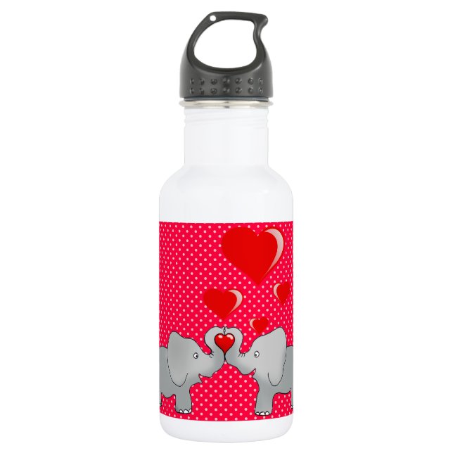 Romantische Elefanten & rote Herzen auf Polka-Punk Edelstahlflasche (Vorderseite)