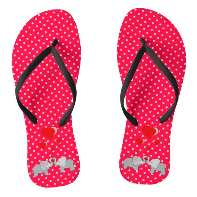 Romantische Elefanten & rote Herzen auf Polka-Punk Flip Flops (Fußbett)