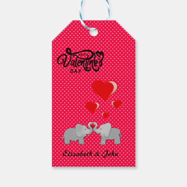 Romantische Elefanten & rote Herzen auf Polka-Punk Geschenkanhänger (Vorderseite)