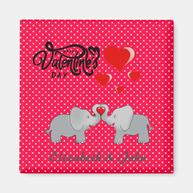 Romantische Elefanten & rote Herzen auf Polka-Punk Magnet (Vorne)