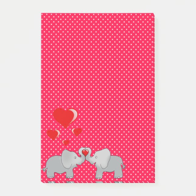 Romantische Elefanten & rote Herzen auf Polka-Punk Post-it Klebezettel (Vorderseite)