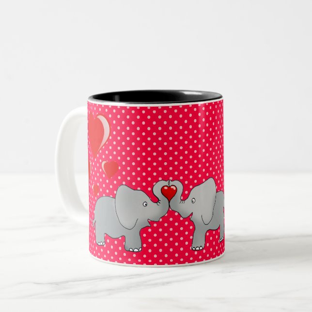 Romantische Elefanten & rote Herzen auf Polka-Punk Zweifarbige Tasse (Vorderseite Links)