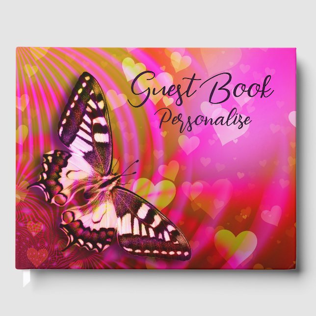 Romantische Elegant Butterfly & Hearts Personalisi Gästebuch (Vorderseite)