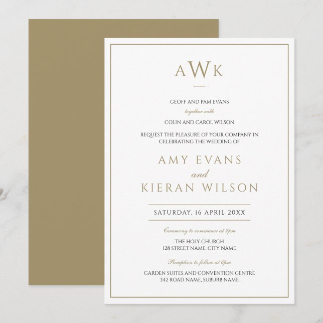 Romantische Elegant Gold Classic Monogram Wedding Einladung (Vorne/Hinten)