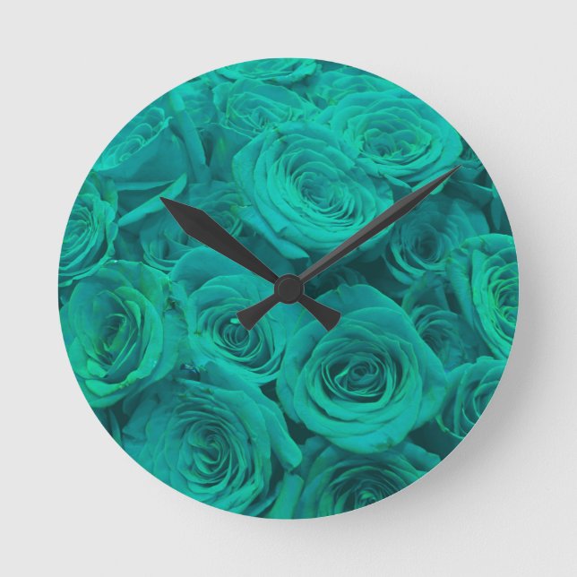 Romantische elegante aquamarine - grüne Rose Runde Wanduhr (Vorderseite)