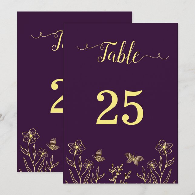 Romantische elegante Blume aus Gold lila Tischnumm Einladung (Vorne/Hinten)