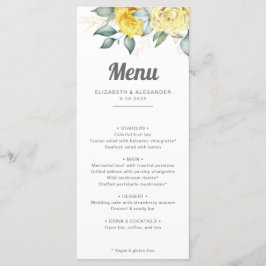 Romantische, elegante, gelbe Rosen Hochzeit in Aqu Menükarte