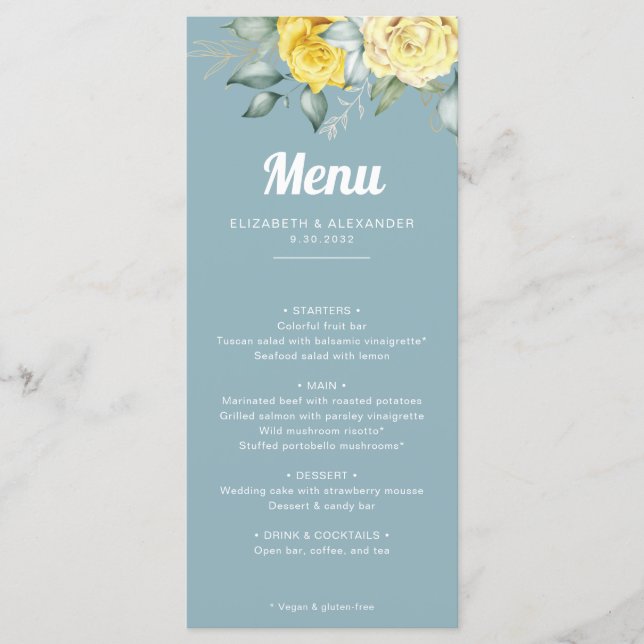 Romantische, elegante, gelbe Rosen Hochzeit in Aqu Menükarte (Vorderseite)