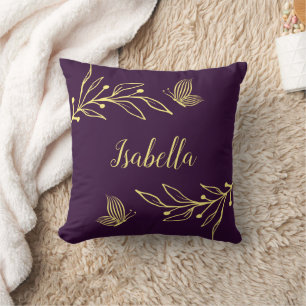 Romantische elegante goldene Blume lila Kissen