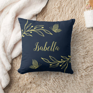 Romantische elegante goldene Blumen navy Kissen