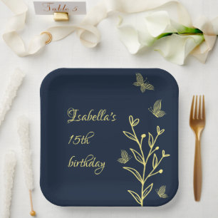 Romantische elegante goldene Blumen navy Pappteller