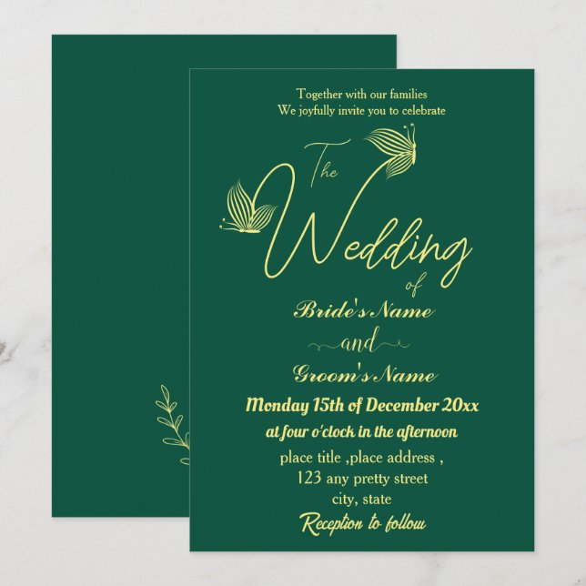 Romantische, elegante Goldschmetterlinge Einladung (Vorne/Hinten)