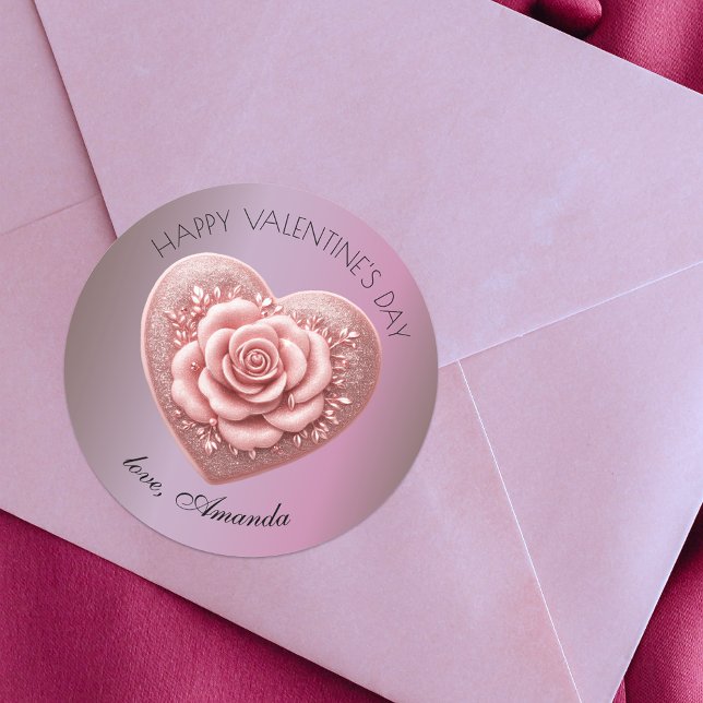 Romantische Elegante Herz-Rose Metallische Valenti Runder Aufkleber (Von Creator hochgeladen)