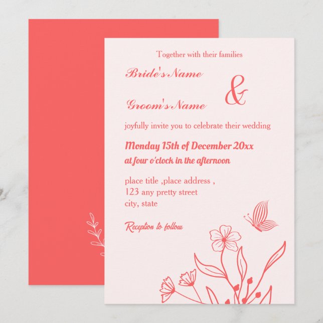 Romantische elegante Korallenhochzeit, rosa Blumen Einladung (Vorne/Hinten)