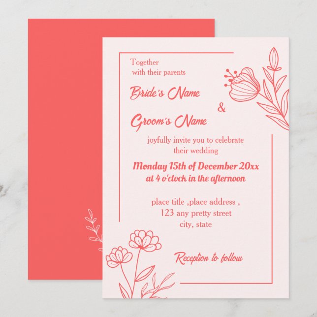 Romantische elegante Korallenhochzeit, rosa Blumen Einladung (Vorne/Hinten)