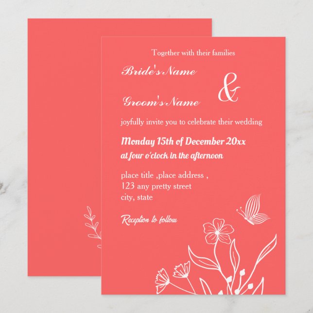 Romantische elegante Korallenhochzeit, rosa Blumen Einladung (Vorne/Hinten)