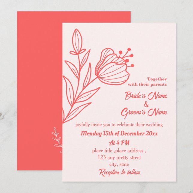 Romantische elegante Korallenhochzeit, rosa Blumen Einladung (Vorne/Hinten)