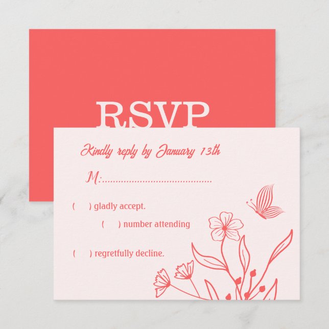 Romantische elegante Korallenhochzeit, rosa Blumen RSVP Karte (Vorne/Hinten)