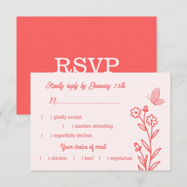 Romantische elegante Korallenhochzeit, rosa Blumen RSVP Karte (Vorne/Hinten)