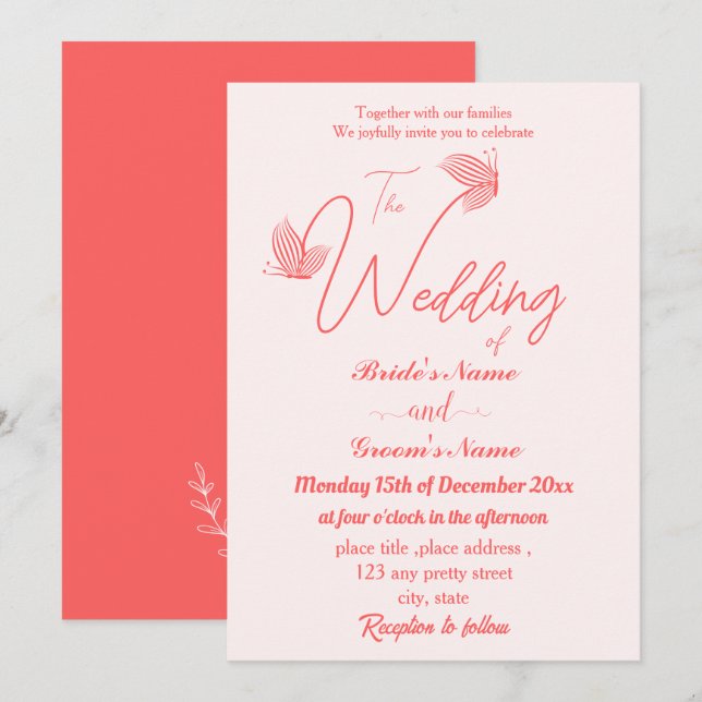 Romantische elegante Korallenschmetterlinge Hochze Einladung (Vorne/Hinten)
