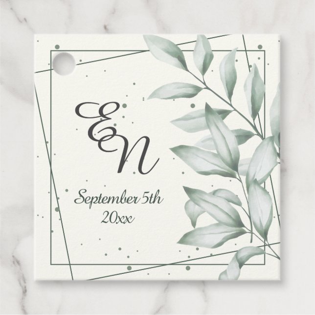 Romantische elegante Monogram Green Blätter Hochze Geschenkanhänger (Vorderseite)