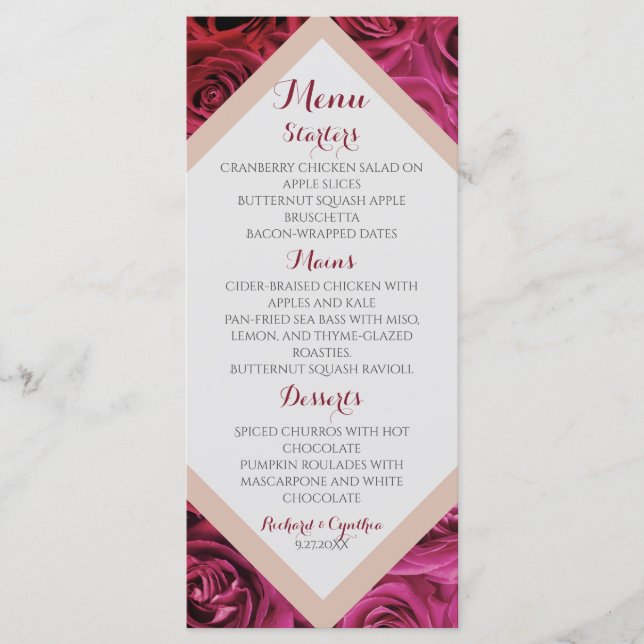 Romantische Elegante Rosenhochzeit Menükarte (Vorderseite)
