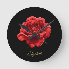 Romantische Elegante Rote Rose mit Golden Script-G Runde Wanduhr