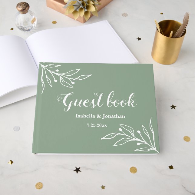 Romantische elegante Salbei Blütenhochzeit Gästebuch (Vorderseite Offen)